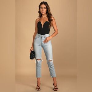 Lulus Babe Alert Black Notched Strapless Bodysuit